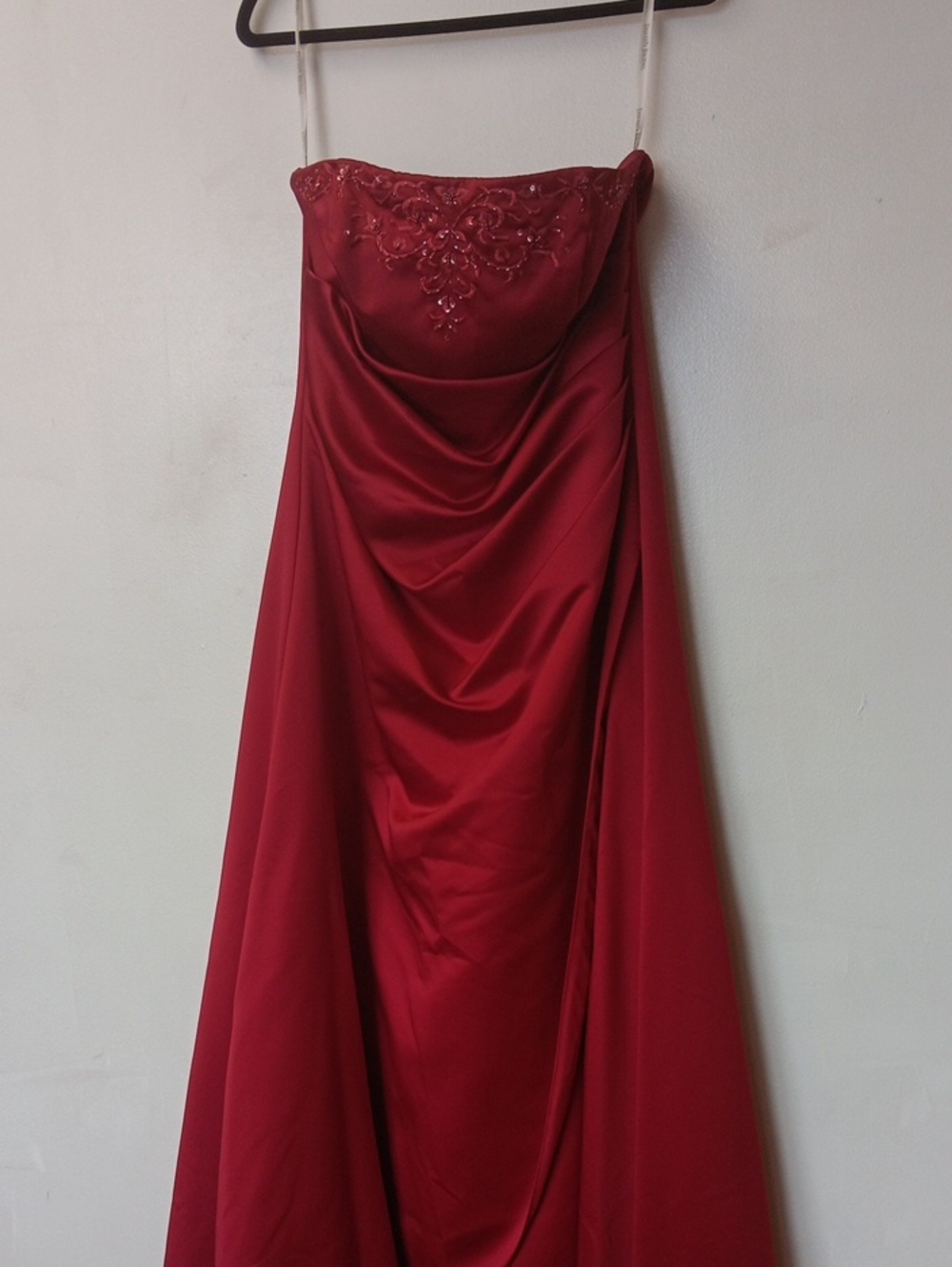 Strapless Red Evening Gown with Embroidered Bodice